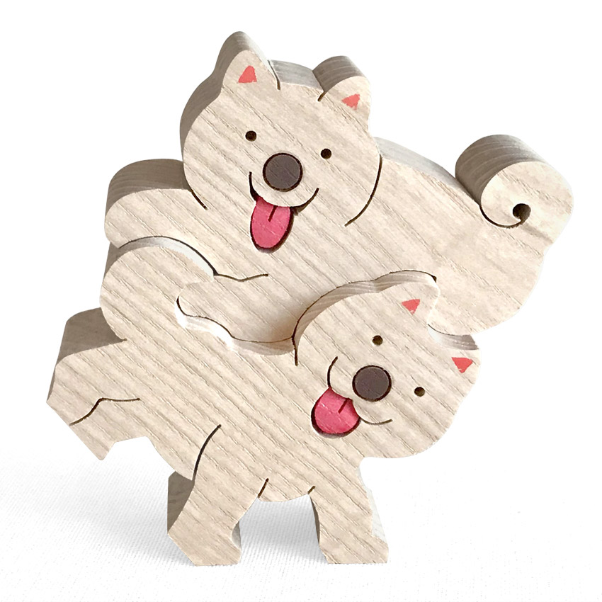 やんちゃな2匹の子犬 大 木のおもちゃ杢・MOKU