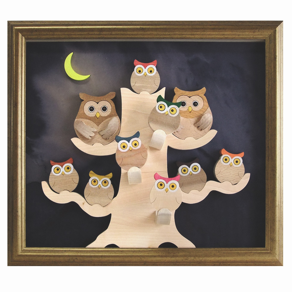 ふくろうと止まり木（10羽）F10号 木のおもちゃ杢・MOKU